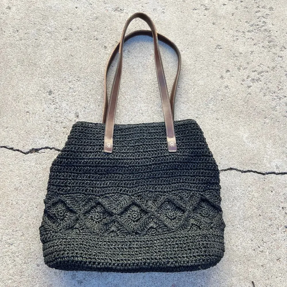Vintage 90s St. John's Bay Sunburst Black Woven Natural Fiber Tote Medium Bag